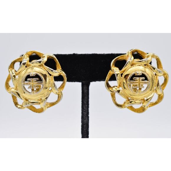 Givenchy Vintage Logo Clip On Earrings Gold 4G Chunky Runway Signed 1980s BinZ - Picture 1 of 11